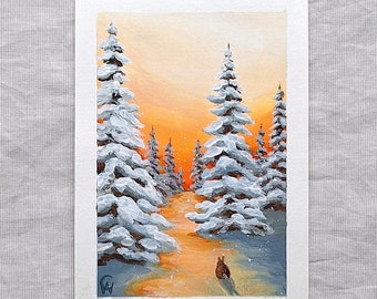 Rabbit in the Snow Painting on Paper - Hand-painted Artwork, Original Acrylic Landscape Art by Claire Williams