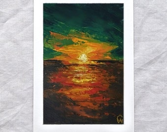 Textured Ocean Sunset Painting on Paper - Hand-painted Artwork, Original Acrylic Landscape Art by Claire Williams