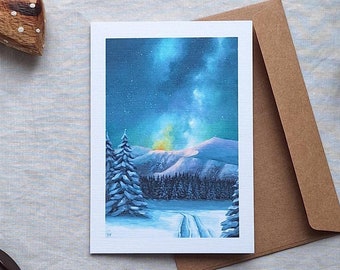 Winter Aurora Christmas Card - 2-in-1 A6 Card Art Print from a Hand-Painted Acrylic Artwork by Claire Williams Art