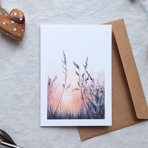 Carte de voeux douce herbe lever du soleil - impression d'art carte A6 2-en-1 à partir d'une oeuvre d'art acrylique peinte à la main par Claire Williams Art