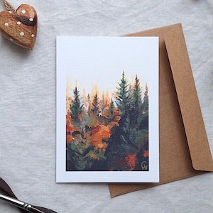Carte de voeux abstraite forêt d'automne - impression d'art A6 2-en-1 à partir d'une oeuvre d'art acrylique peinte à la main par Claire Williams Art