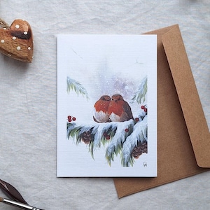 Winter Red Robins-kerstkaart - 2-in-1 A6-kaart Art Print van een handgeschilderd acrylkunstwerk door Claire Williams Art