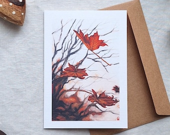 Autumn Leaves Greeting Card - 2-in-1 A6 Card Art Print from a Hand-Painted Acrylic Artwork by Claire Williams Art