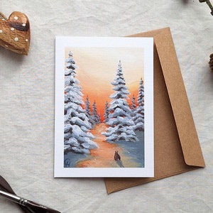 Kerstkaart Rabbit in the Snow - 2-in-1 A6-kaartkunstdruk van een handgeschilderd acrylkunstwerk door Claire Williams Art