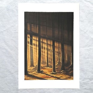 Dipinto a mano, dipinto originale in acrilico su carta, foresta marrone oro, unico nel suo genere, galleria d'arte murale Claire Williams, non un albero stampato