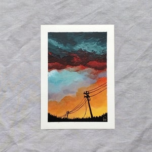Original peint à la main de lignes électriques lumineuses au coucher du soleil - carte postale colorée et texturée, oeuvre d'art murale unique en son genre par Claire Williams