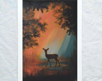 Deer in Fall Forest Painting on Paper - Hand-painted Artwork, Original Acrylic Landscape Art by Claire Williams