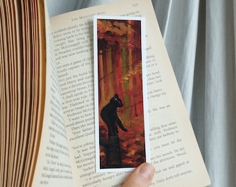 Black Cat Bookmark: Autumn Forest Acrylic Painting Print
