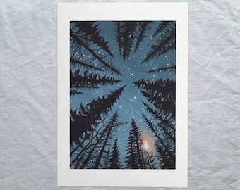 May include: An art print featuring a view looking up through tall, dark trees towards a starry night sky. The artwork has a blue and white color palette, with a hint of orange near the horizon. The print is framed with a white border.