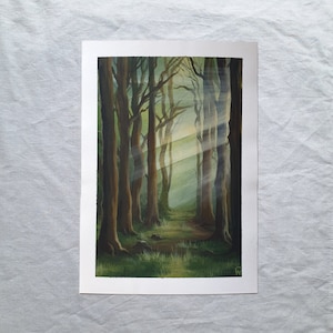 Dipinto originale di paesaggio in acrilico su carta, Forest Green, opera d'arte murale unica nel suo genere di Claire Williams, non una stampa, raggi di sole