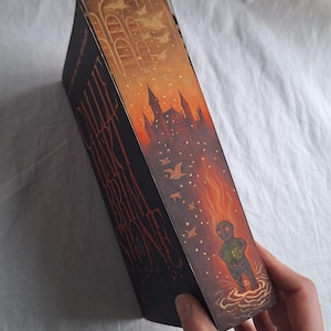 May include: A book with a detailed illustration on the side. The artwork depicts a castle, birds, and a figure in a fiery scene. The book's spine is black with the title and author's name in white.