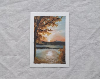 Lake Sunrise Scene: Small A6 Tree Acrylic Painting on Paper with Vibrant Orange Leaves- One of a Kind Wall Art by Claire Williams
