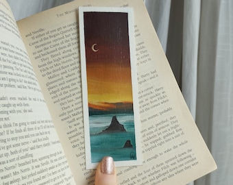Handpainted Bookmark - Original Acrylic Landscape Painting on Paper, Above Clouds Gold Moon Gift for Readers, Unique Art by Claire Williams