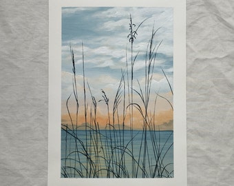Coastal Scene, Original Acrylic Landscape by Claire Williams - Unique Wall Art, Soft Peach Blue Sky, White Clouds  Not a Print, Tall Grasses
