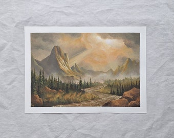 Sunlit Mountain Valley & Gold River - A4 Handpainted Art on Paper. Original Acrylic Landscape Painting by Claire Williams.