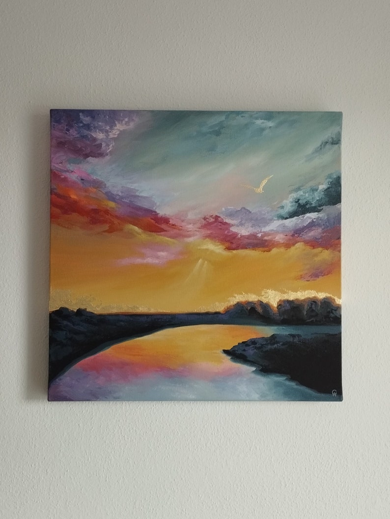 Original acrylic landscape painting on canvas colourful rainbow sky reflect gold bird one of a kind wall art by Claire Williams Not a print image 5