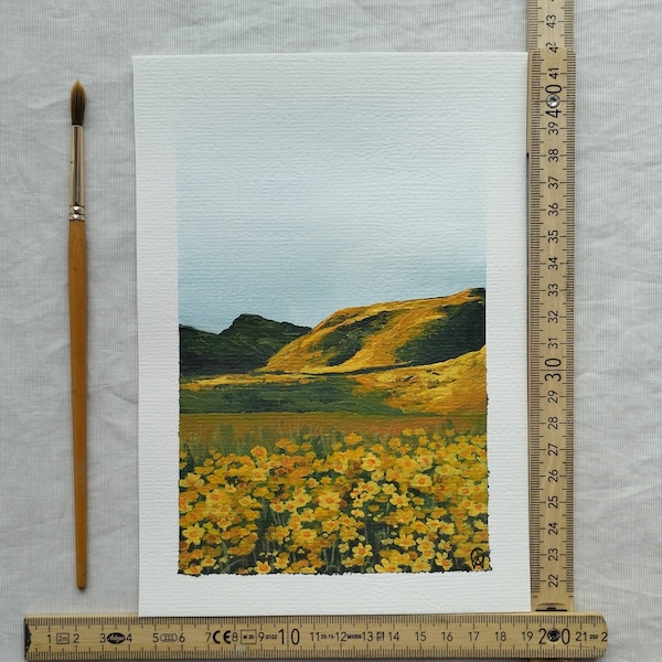 Handpainted Original Acrylic Landscape Painting on Paper - Green Fields, Bright Yellow Flower Meadows, Unique Wall Art by Claire Williams