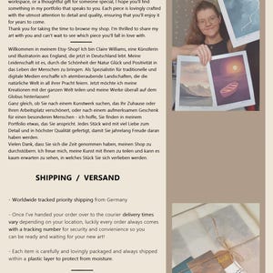 May include: Claire Williams Art Etsy shop featuring art prints. The image shows a woman holding art prints with a logo and text. The prints depict landscapes and nature scenes. The shop offers worldwide tracked shipping from Germany.