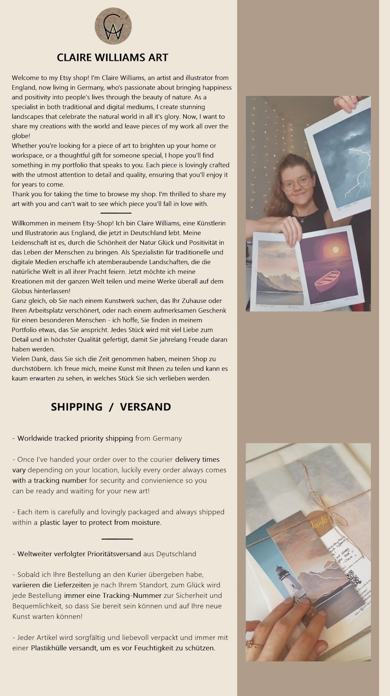 May include: Claire Williams Art Etsy shop featuring art prints. The image shows a woman holding art prints with a logo and text. The prints depict landscapes and nature scenes. The shop offers worldwide tracked shipping from Germany.