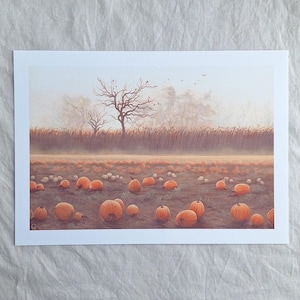 Impression d'art citrouilles : paysage d'automne, décoration murale nature moderne