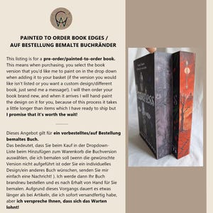 May include: Image features two books with painted edges. The left book has a dark cover with the title "Powerless". The right book has a red cover with a tree design. Text at the top says "Painted to Order Book Edges".