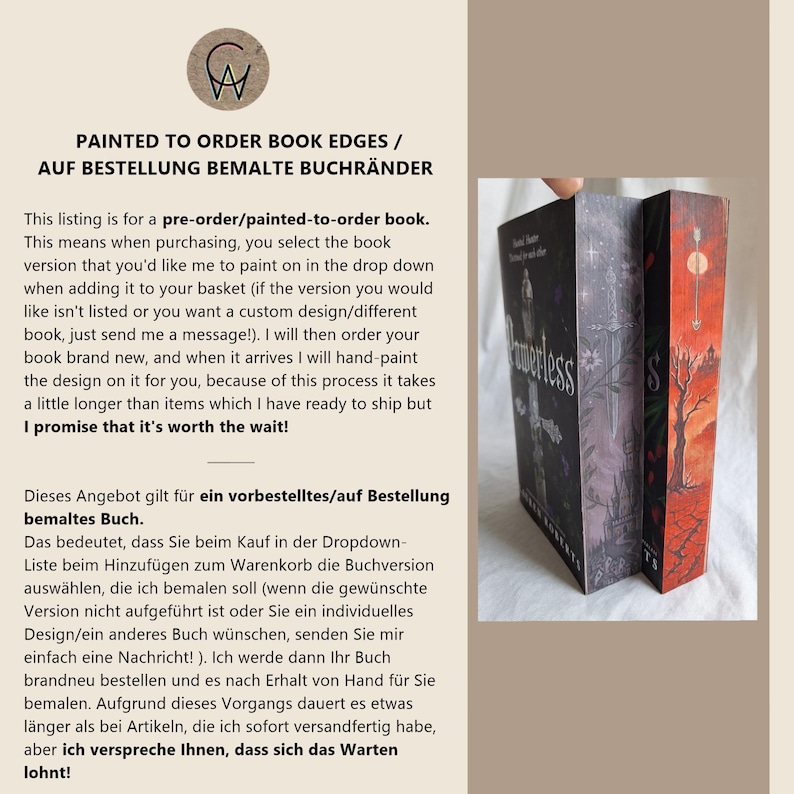 May include: Image features two books with painted edges. The left book has a dark cover with the title "Powerless". The right book has a red cover with a tree design. Text at the top says "Painted to Order Book Edges".
