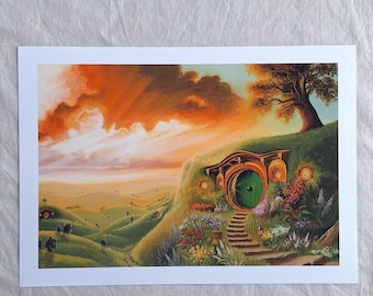 Stampa artistica d'archivio del cottage con porta rotonda, tratta dal dipinto acrilico originale di Claire Williams Art.