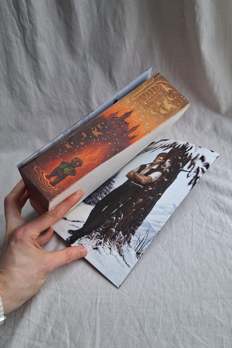 May include: A book with a colorful illustration on the cover and spine. The spine features a castle silhouette against an orange sky. The cover shows a man leaning against a tree in a snowy landscape. The book is held open by a hand.