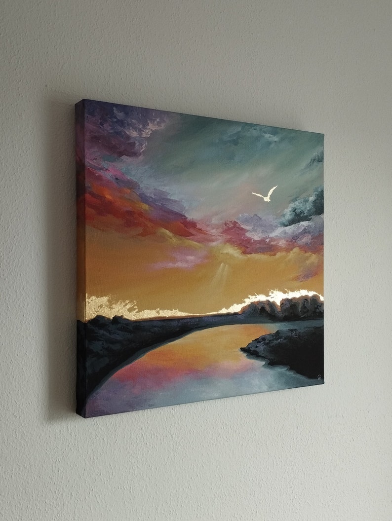 Original acrylic landscape painting on canvas colourful rainbow sky reflect gold bird one of a kind wall art by Claire Williams Not a print image 2