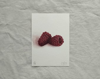Handpainted Acrylic Painting on Paper, Raspberry Semi-Realism Fruit Still life Postcard Original, One of a Kind Wall Art Claire Williams