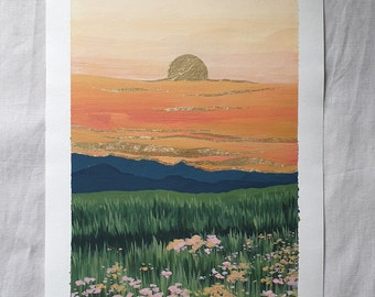 Original acrylic landscape painting on paper wild flower meadow orange gold foil sunset one of a kind wall art Claire Williams Not a print