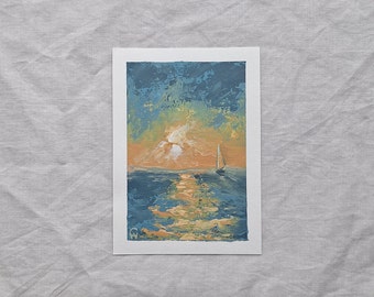 Sunset Sailing Mini Painting: Textured A6 Acrylic Seascape- One of a Kind Hand-Painted Nautical Wall Art by Claire Williams