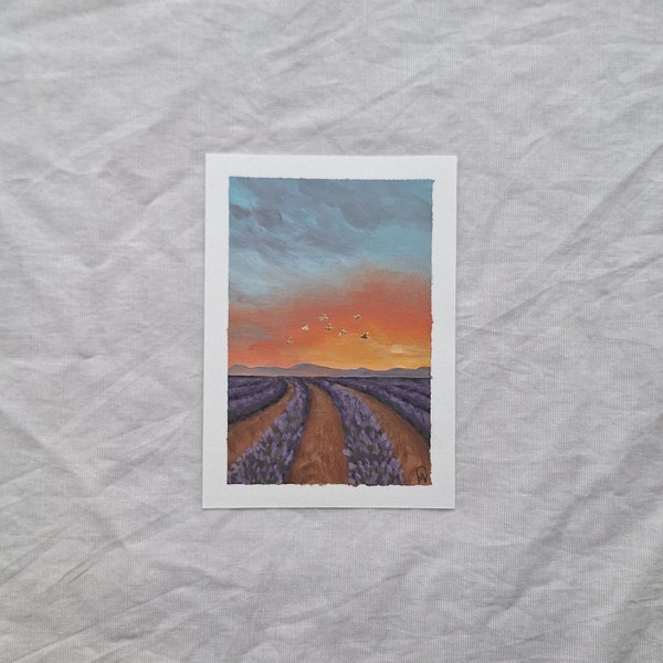 Lavender Fields Gold Mini Painting: Small Acrylic Floral Art, One of a Kind Hand-Painted Wall Decor by Claire Williams