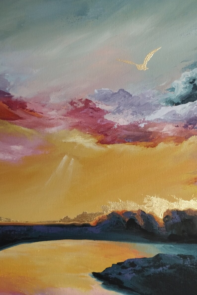 Original acrylic landscape painting on canvas colourful rainbow sky reflect gold bird one of a kind wall art by Claire Williams Not a print image 3