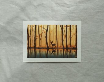 Handpainted Original Acrylic Landscape Painting on Paper, Reflection Stag Forest Postcard, One-of-a-Kind Wall Art by Claire Williams