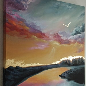 Original acrylic landscape painting on canvas colourful rainbow sky reflect gold bird one of a kind wall art by Claire Williams Not a print image 4