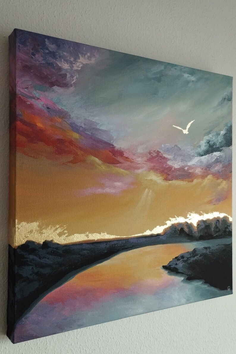 Original acrylic landscape painting on canvas colourful rainbow sky reflect gold bird one of a kind wall art by Claire Williams Not a print image 4