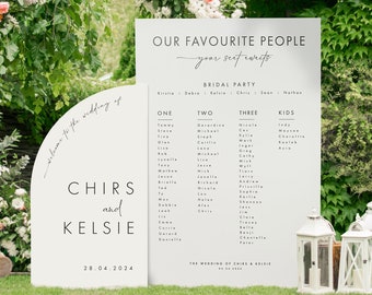 May include: White sign with black text listing names for a wedding reception. The sign reads "Our Favorite People - Your Seat Awaits." The sign is divided into four columns: "One", "Two", "Three", and "Kids". Each column lists names of guests. The sign also includes the text "Bridal Party" and lists the names of the wedding party members. The sign is on a green lawn with white lanterns in the background.