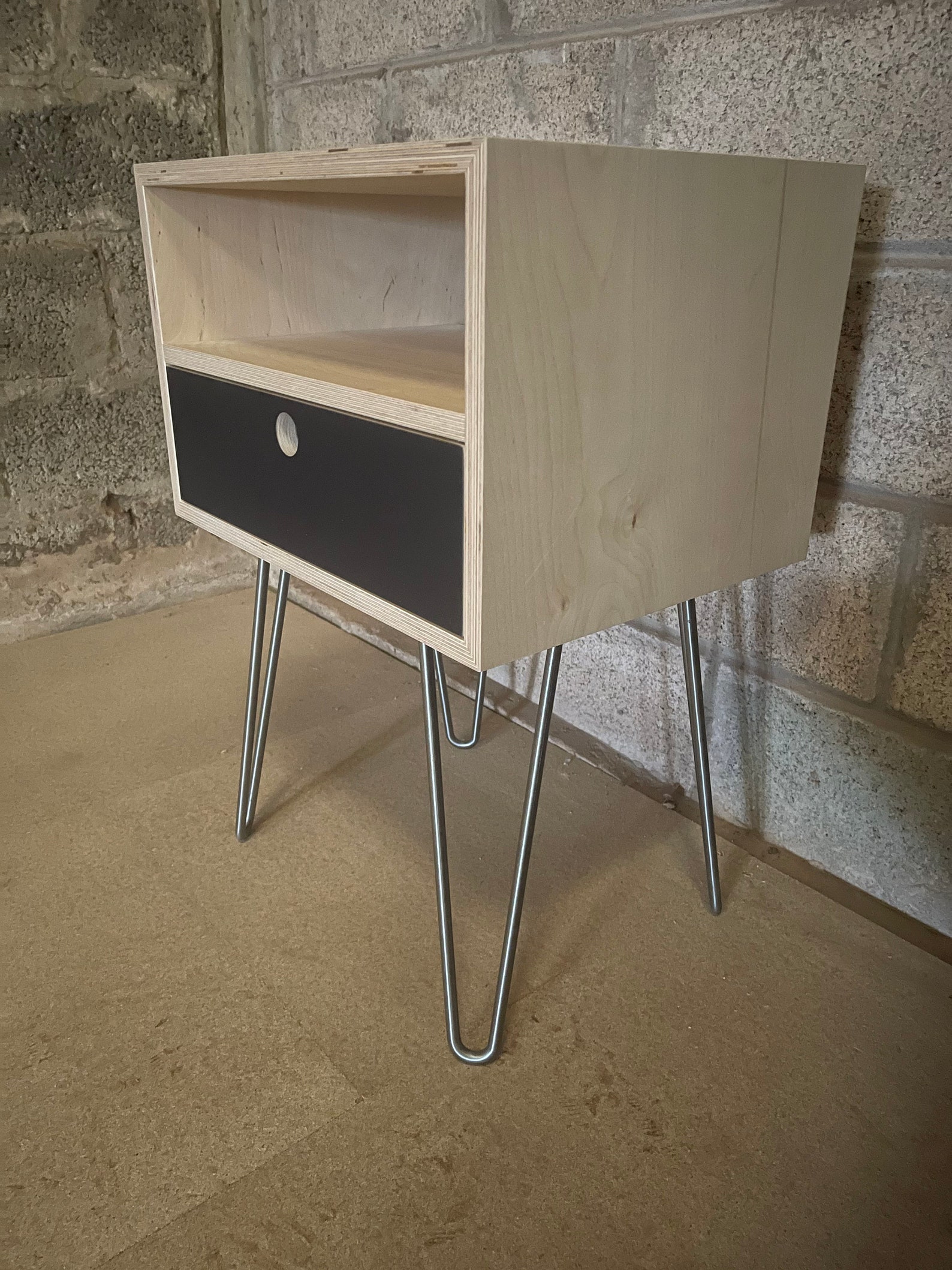 Birch Plywood Table, Bedroom, Bedside, Sofa End With Formica or Birch Drawer Front and Steel
