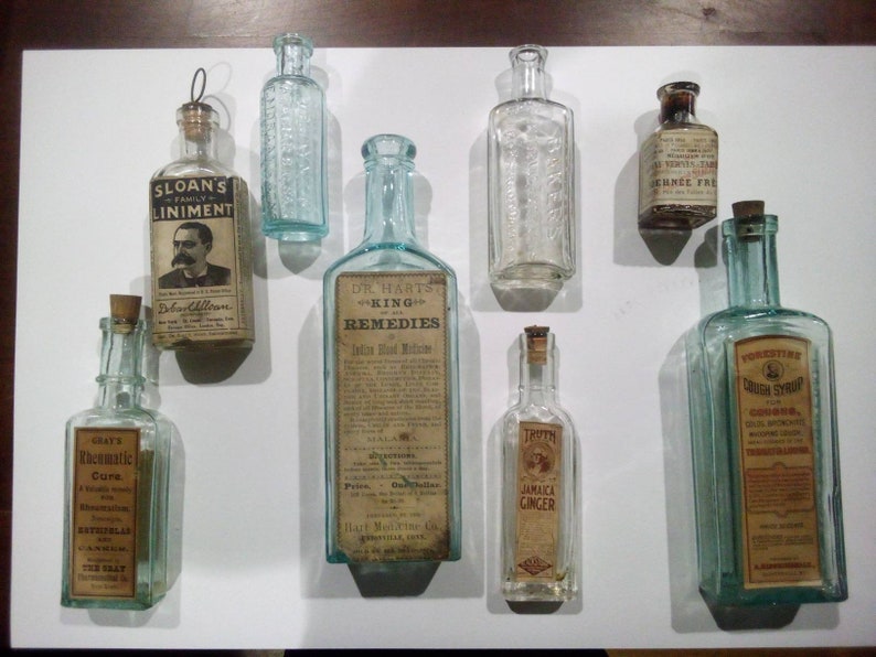 Set of 8 Antique Medicine Bottles Rare Apothecary and Curiosity Bottles