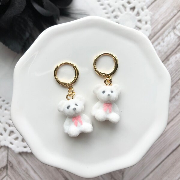 Cute white teddy bear dangle earrings - fuzzy teddy bear earrings - huggie earrings