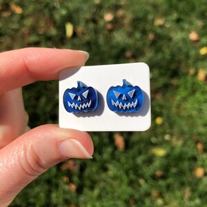 Royal blue and silver jack o lantern Halloween stud earrings - stud earrings