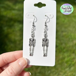 Silver Skeleton dangle earrings - fishhook earrings - skeleton Halloween earrings - dangle earrings