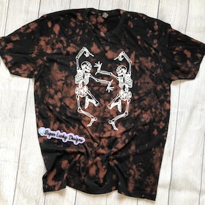 Black bleached skeleton dancing shirt - bleached shirt - skeleton dancing shirt - halloween shirt