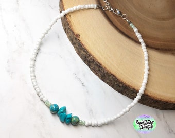 White beaded choker with blue stones - choker necklace - white seed bead choker - white necklace - beach style necklace - choker