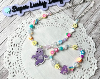 Cute colorful purple bear and bracelet combo - beaded necklace - beaded bracelet- beaded jewelry