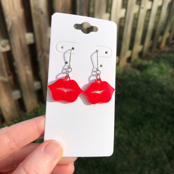 Red acrylic lip dangle earrings - stainless steel fishhooks - cute earrings  - Valentine’s Day earrings