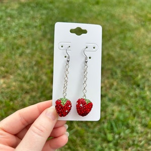 Rhinestone strawberry dangle earrings - strawberry earrings - food jewelry - food earrings