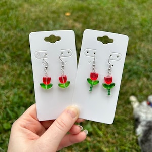 Red tulip dangle earrings - stainless steel fishhooks - flower earrings - flower jewelry