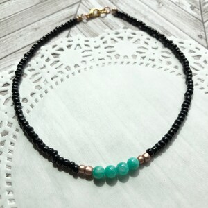 Teal and black beaded necklace - seed bead necklace - cute necklace